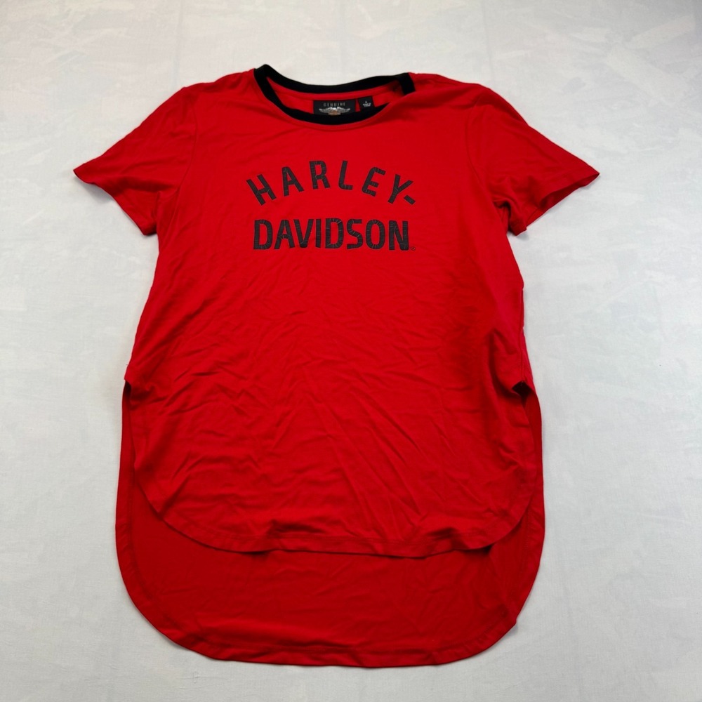 Harley Davidson T-Shirt Womens Small Red #1 Short Sleeve High Low Hem Pullover